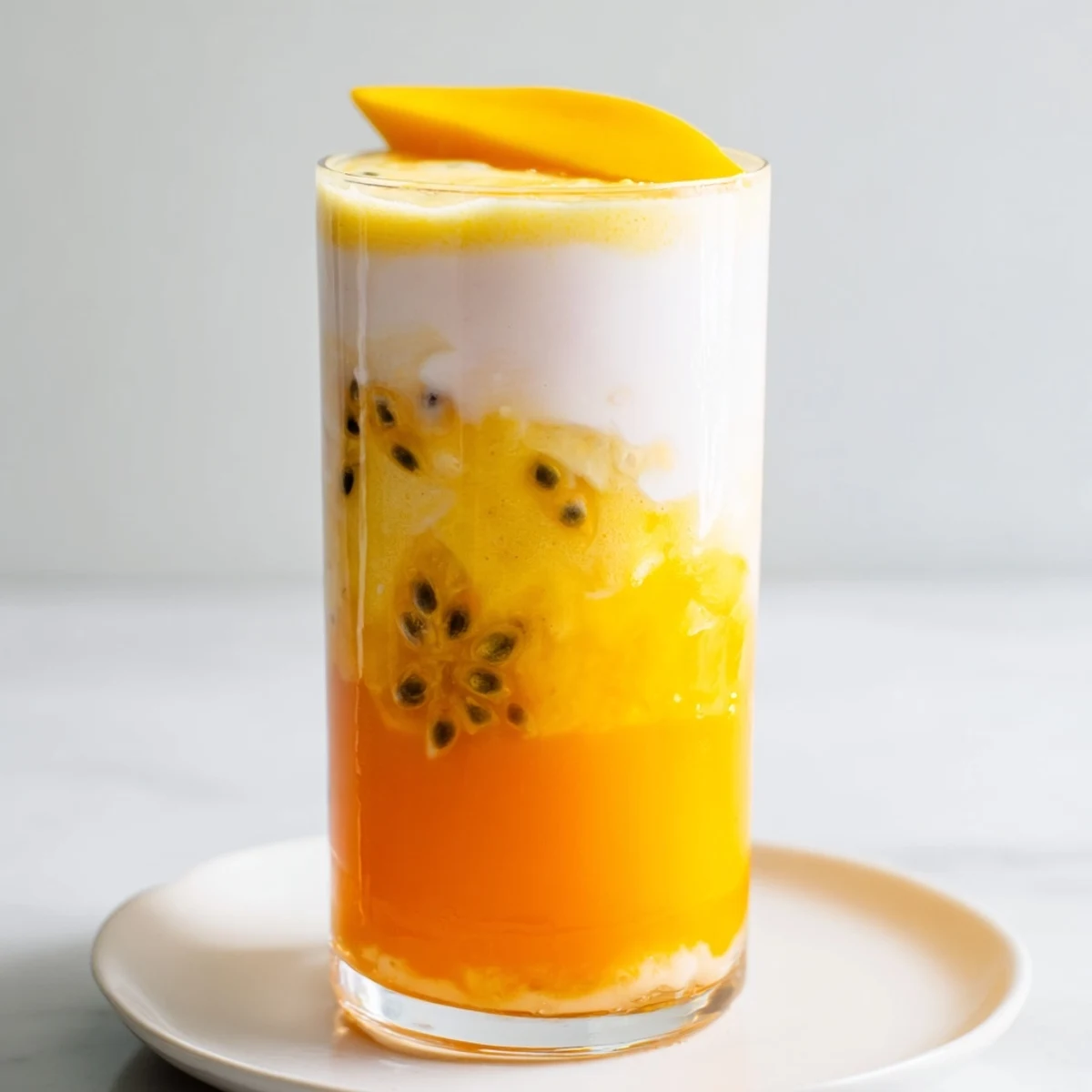 Enjoy a layered, healthy Tropical Sunset Smoothie; this visually stunning drink is perfect for summer.