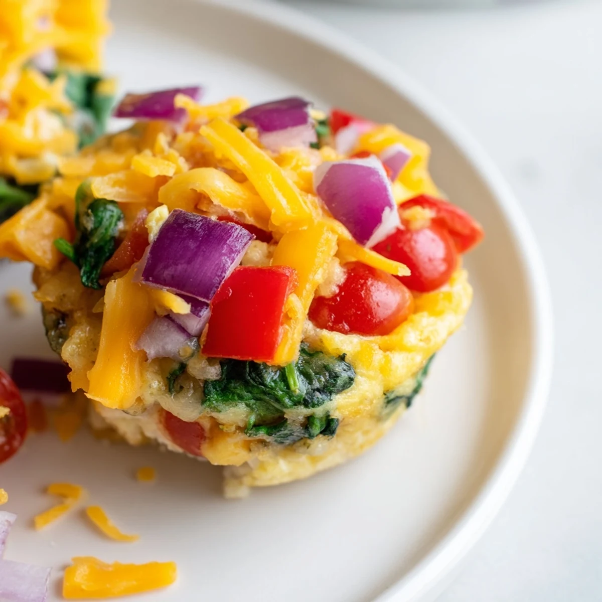 Golden brown Customizable Egg Muffins, fluffy and baked with colorful pepper chunks and melted cheddar.