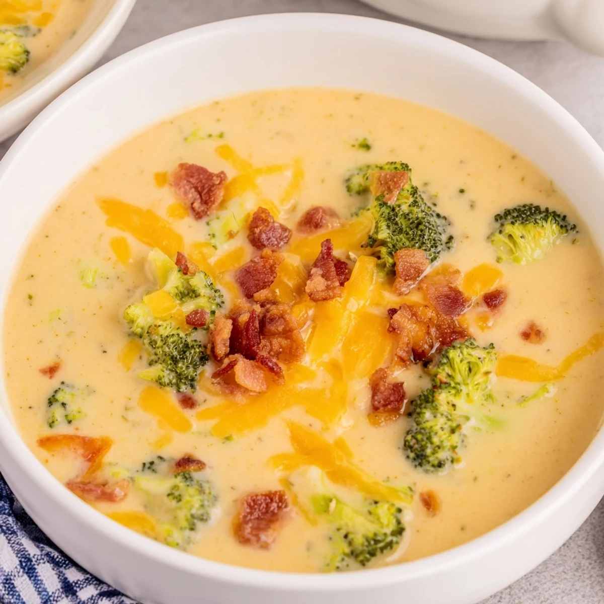 A steaming bowl of Broccoli Cheddar Soup with golden, seasoned bread for a comforting meal.