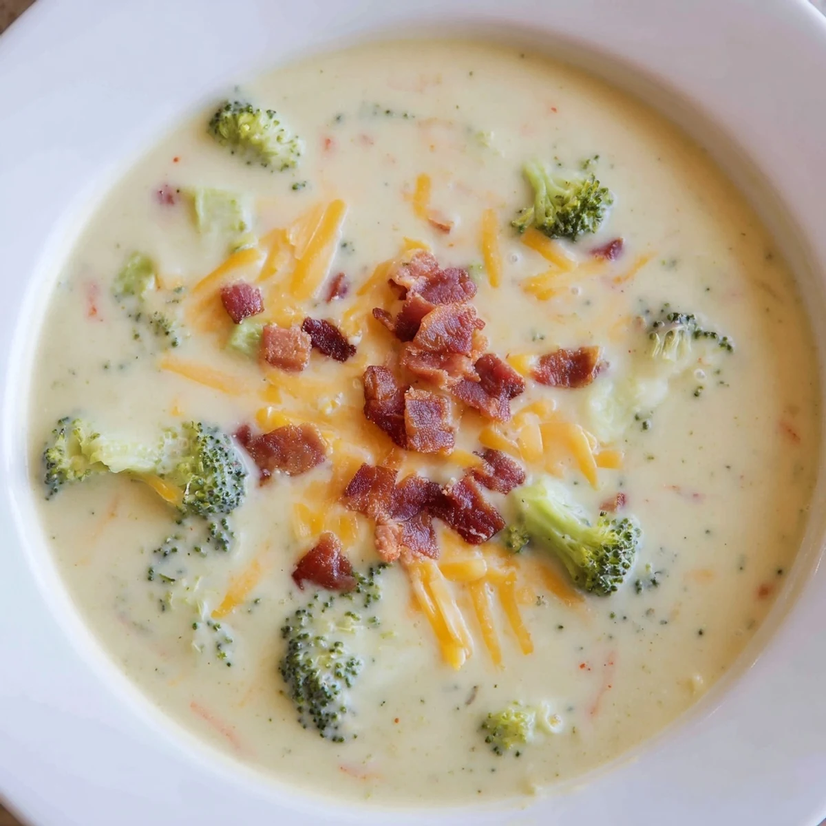 Creamy Broccoli Cheddar Soup, garnished with crispy bacon and extra cheese, ready to be enjoyed.