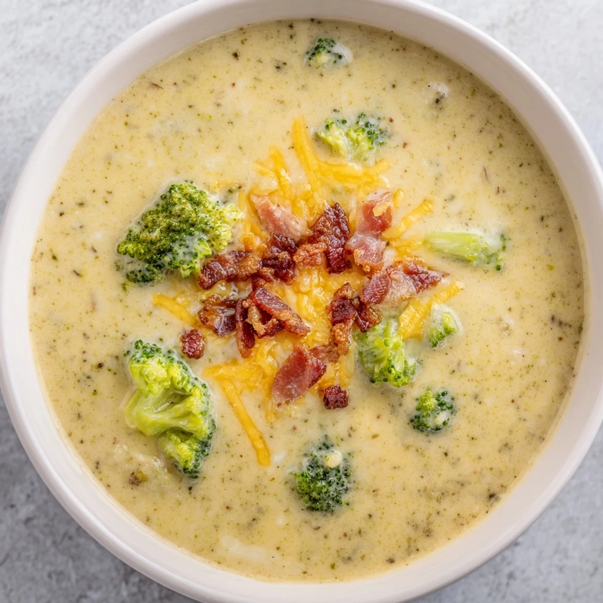 Close up view of Broccoli Cheddar Soup: thick, cheesy, and inviting, perfect for a cold day.