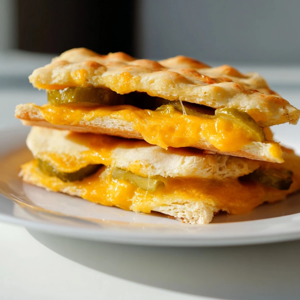 Golden, melted cheddar making perfect pickle bread sandwich buns with tangy pickle filling.