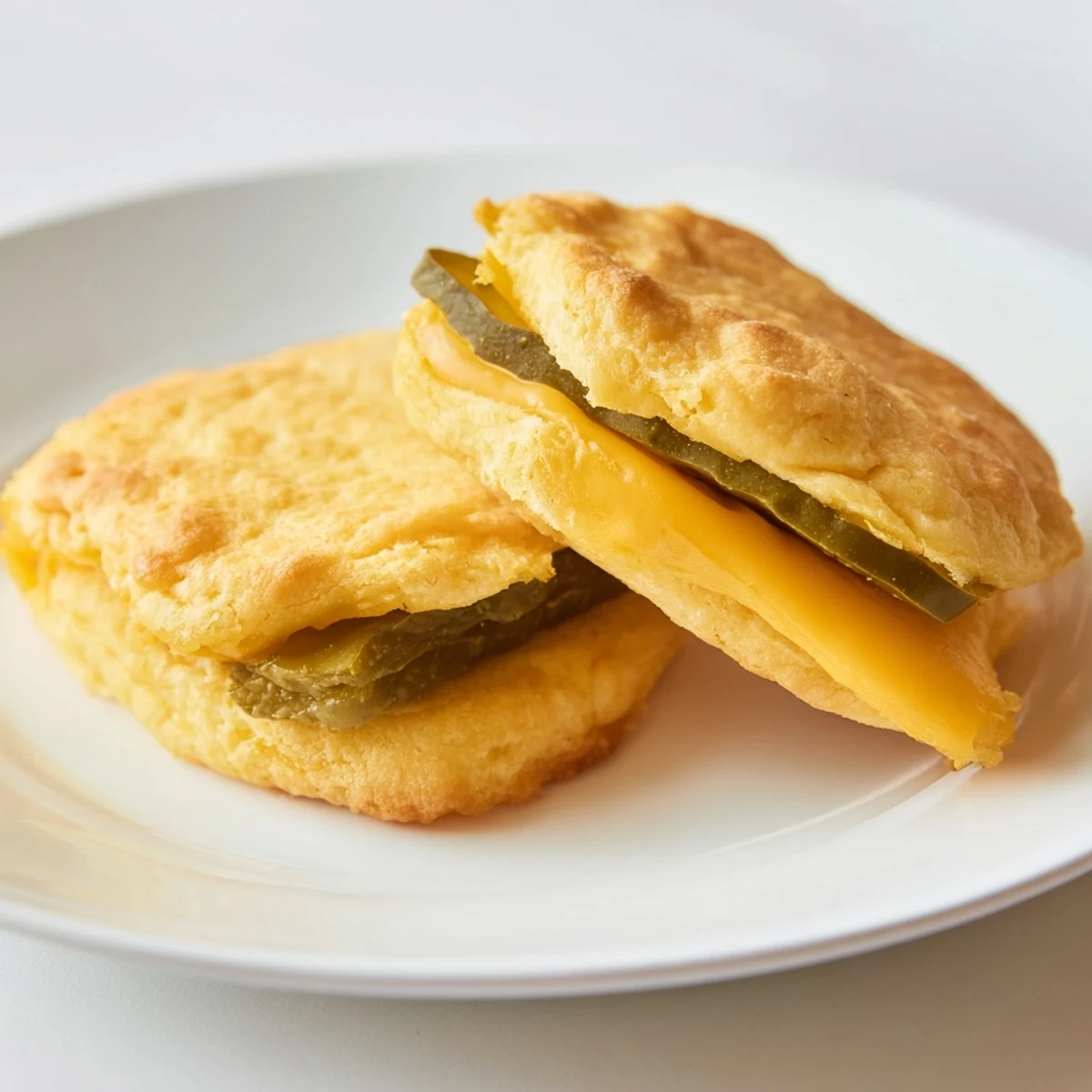 A close-up view of a crispy pickle bread sandwich ready to be enjoyed as a low-carb treat.