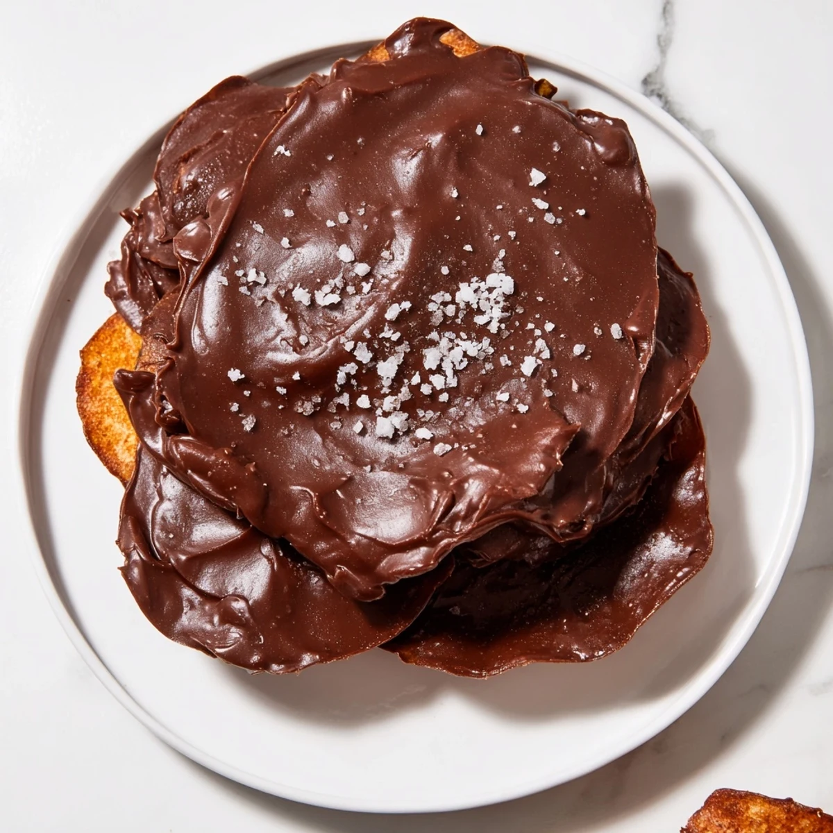 Sea salt sparkles atop a freshly made batch of Chocolate Potato Chip Bark, ready to be broken and shared.