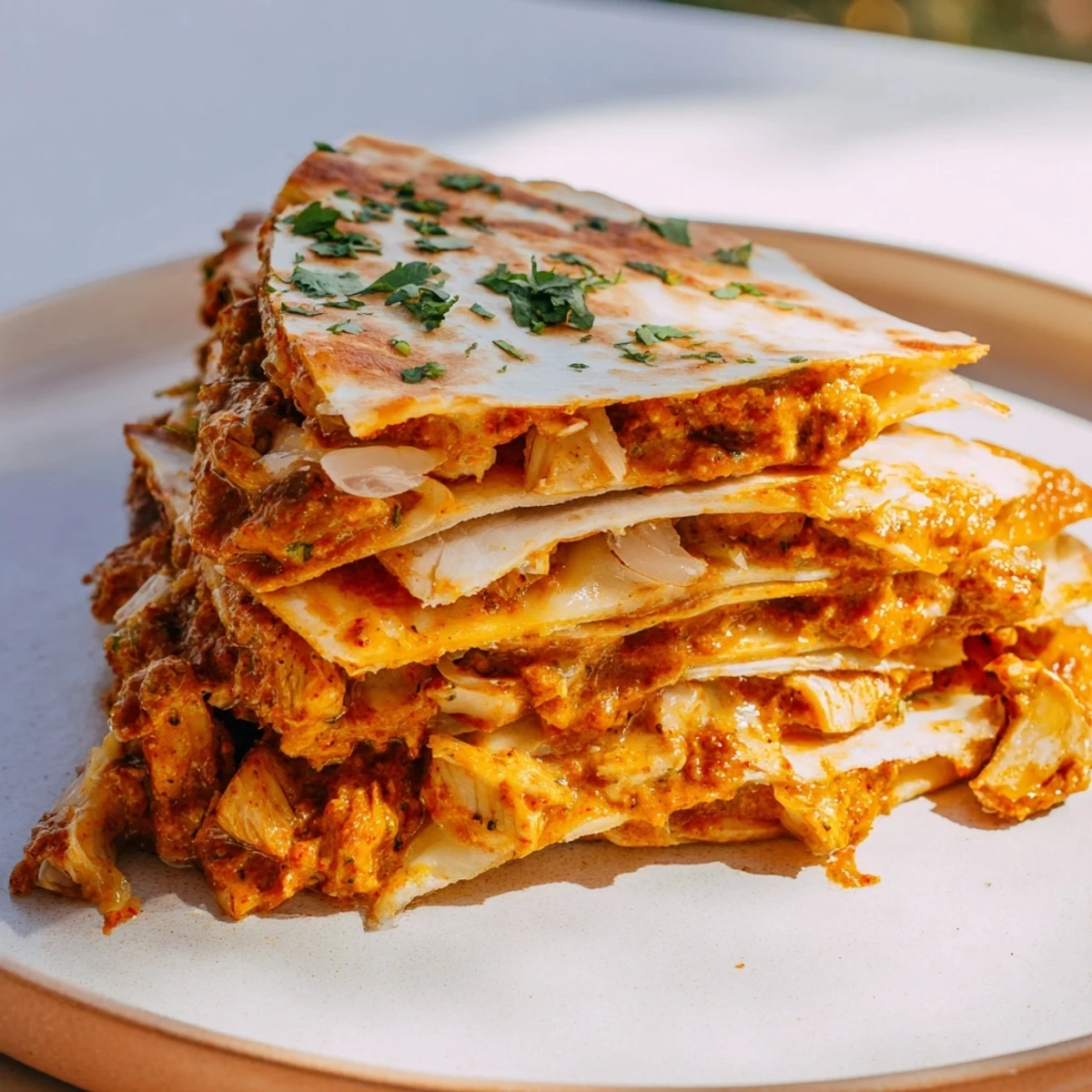 Golden butter chicken quesadillas with melty cheese, a flavorful and creative fusion dish.