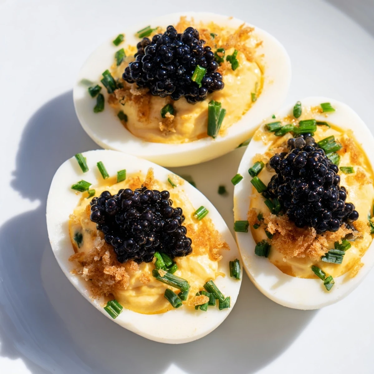 Golden deviled eggs topped with glistening caviar and crunchy shallots, a gourmet appetizer.