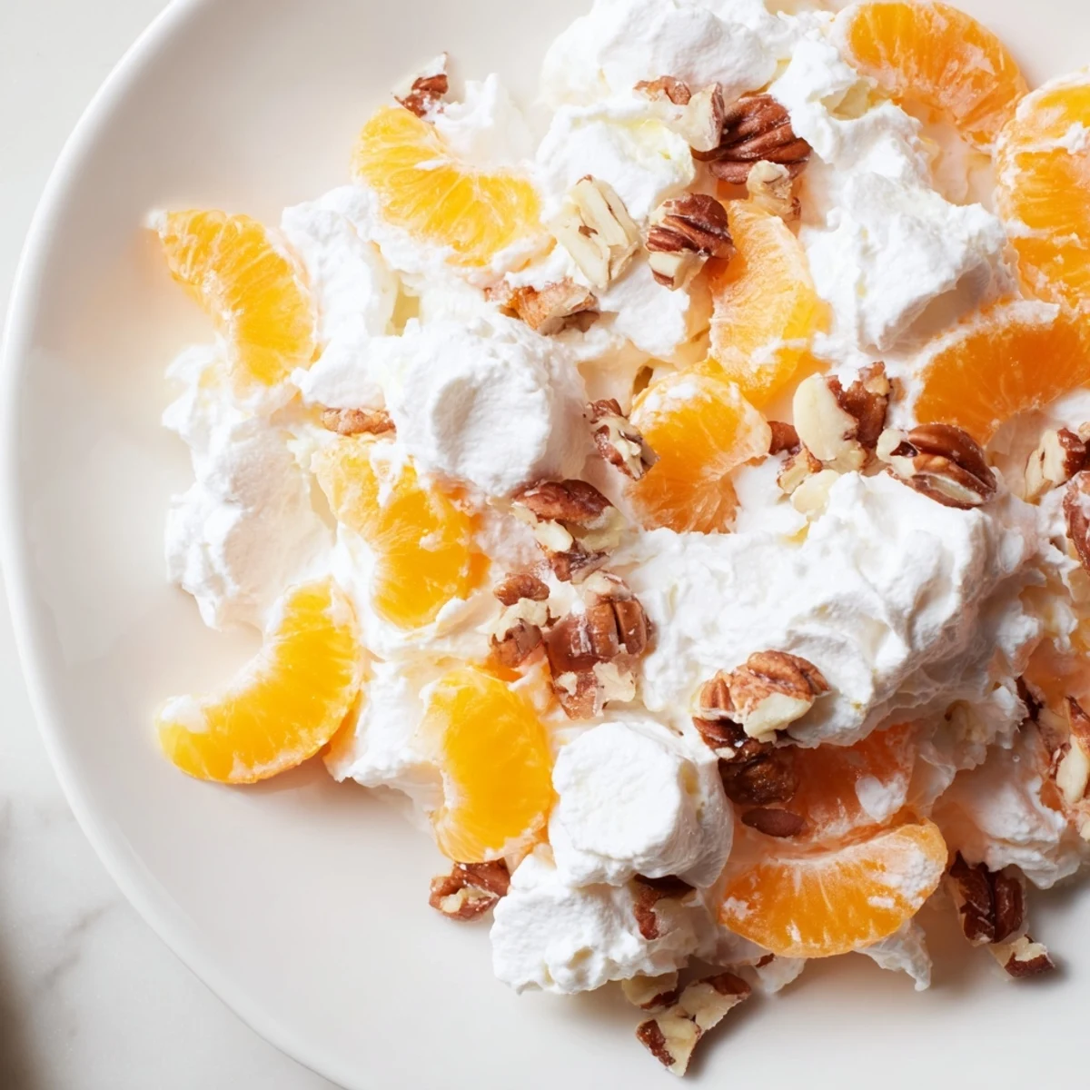 A delectable view of Elevated Ambrosia Salad showcasing bright mandarin oranges and toasted pecans.