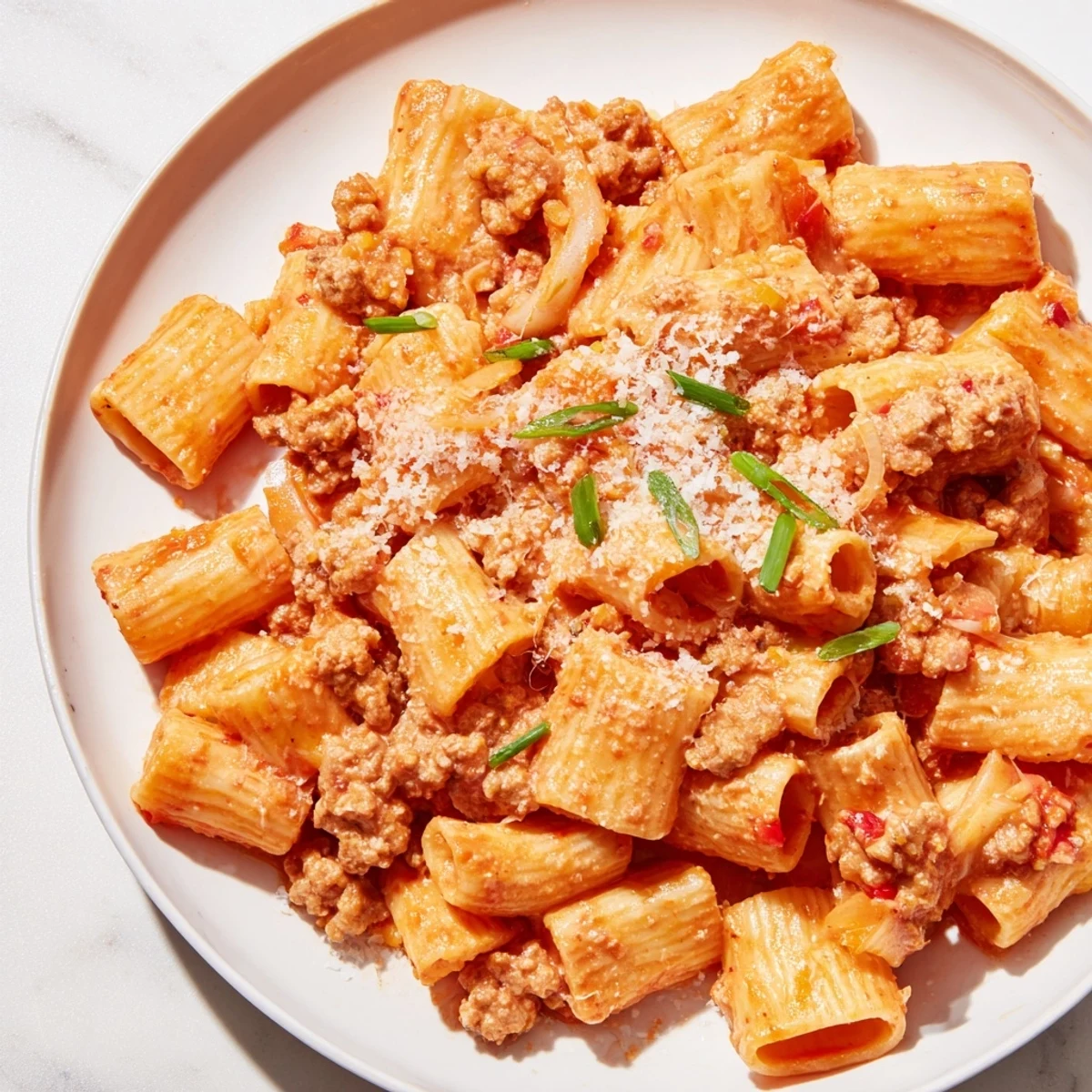 A close-up view of the spicy and creamy Chaos Cooking Kimchi Ragu Pasta, with rigatoni coated in rich sauce.