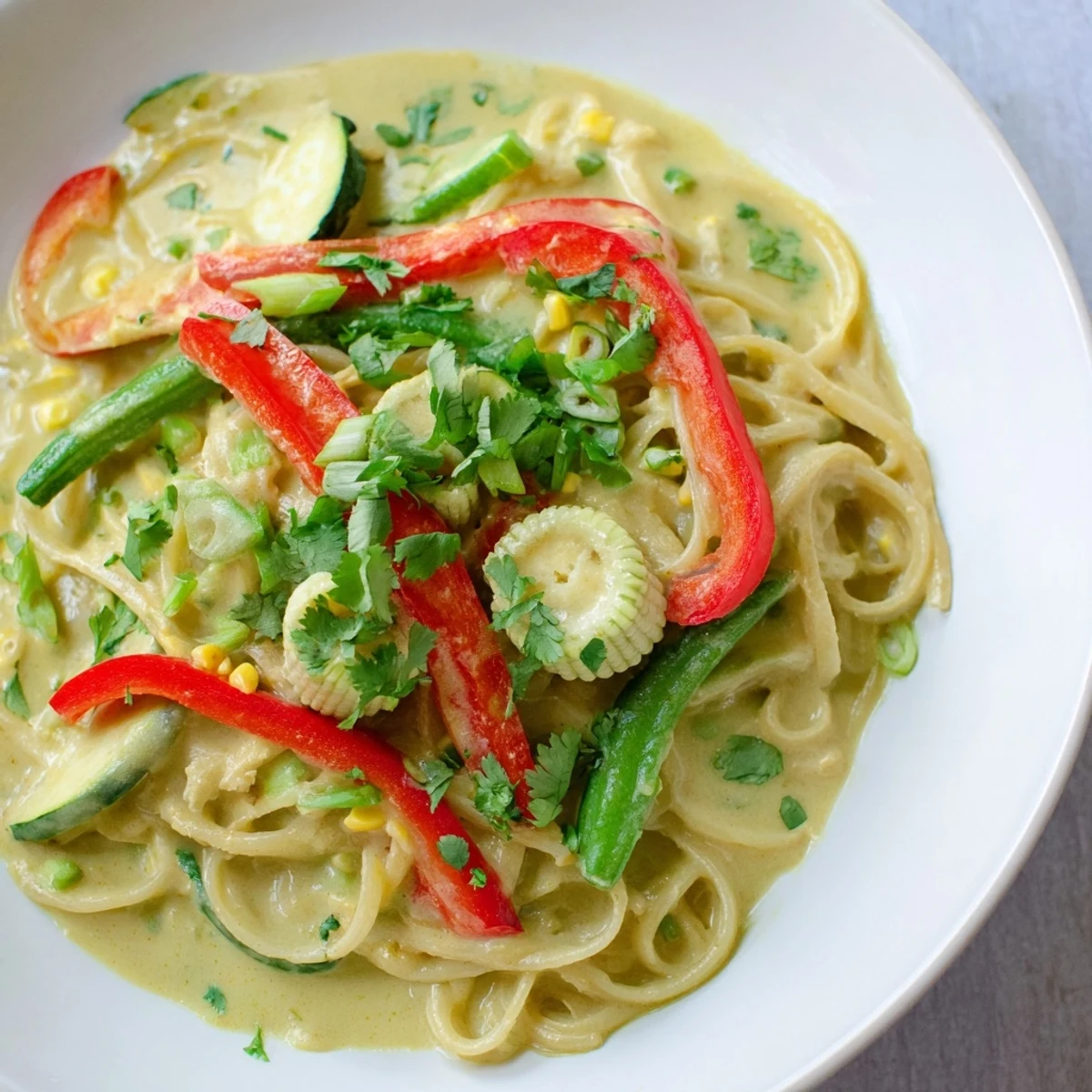 A steaming bowl of Thai Curry Pasta, with bright vegetables coated in creamy green sauce.