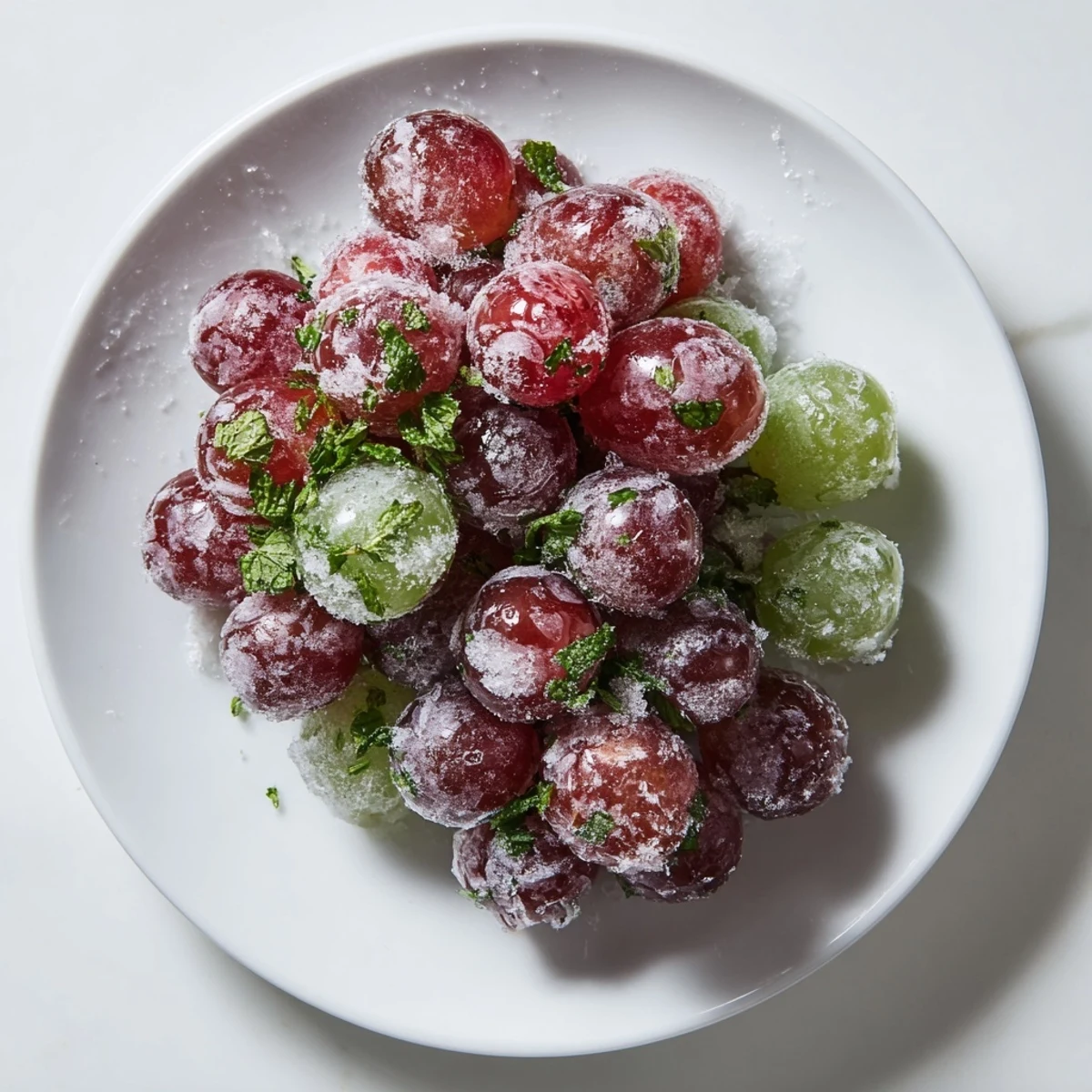 Frozen grapes spa treat served in a clear glass bowl with fresh mint garnish, perfect as a cooling snack.