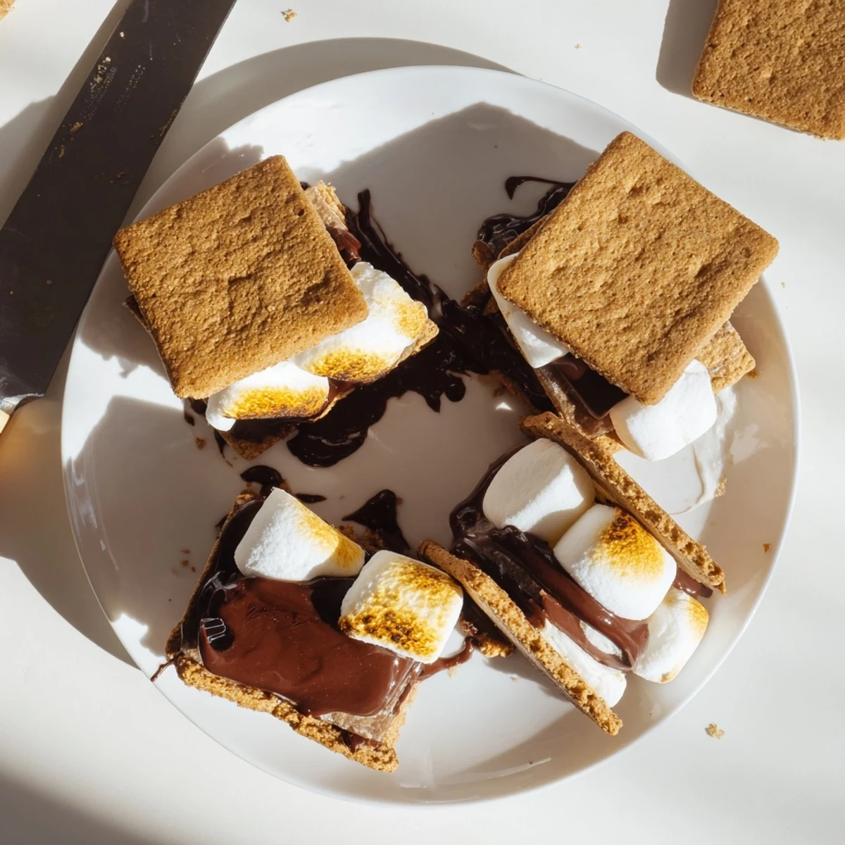 This Air Fryer S'mores recipe shows golden, puffed marshmallows and melted chocolate stacked between graham cracker squares.