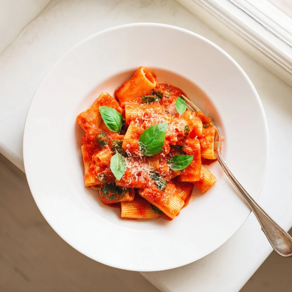 A close-up of smooth Hidden Veggie Tomato Pasta Sauce swirling around perfectly cooked spaghetti, garnished with fresh basil.