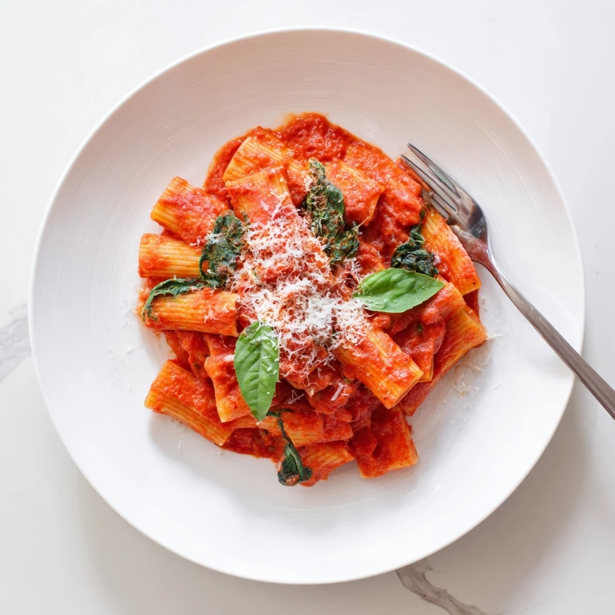 Steaming bowl of hidden veggie tomato pasta sauce served over fettuccine, with a side of garlic bread on the table.