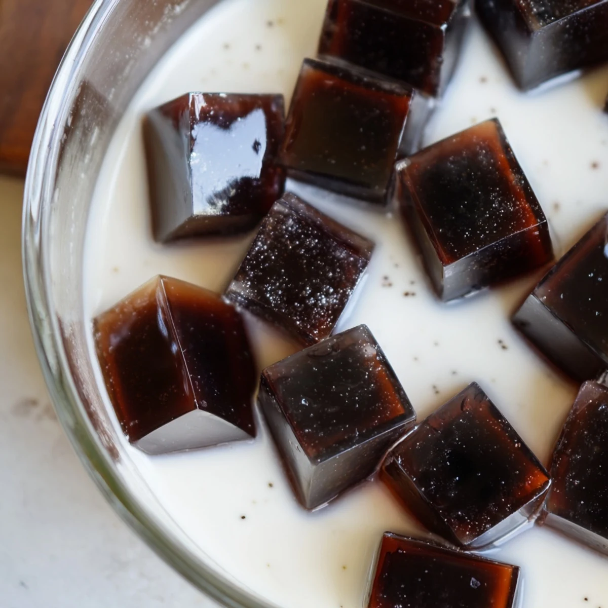 Glistening, dark coffee jelly cubes glisten in a glass, topped with a dollop of sweet whipped cream, a perfect chilled Coffee Jelly Dessert.