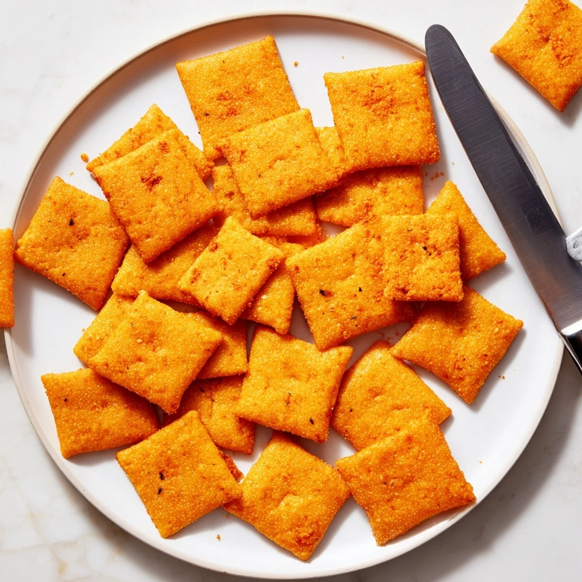 Golden-brown Crispy Cheeto Cheese Crackers are arranged on a white plate, showcasing their crunchy texture and melted cheddar bits.  