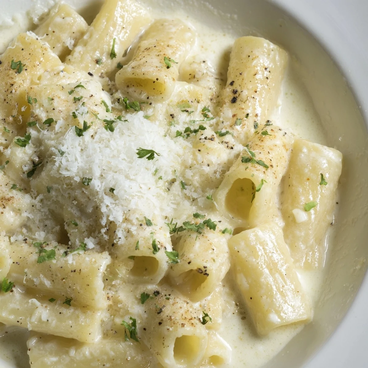 A close-up of Creamy milk pasta one-pot garnished with fresh parsley, showing glossy, coated noodles in a creamy white sauce.