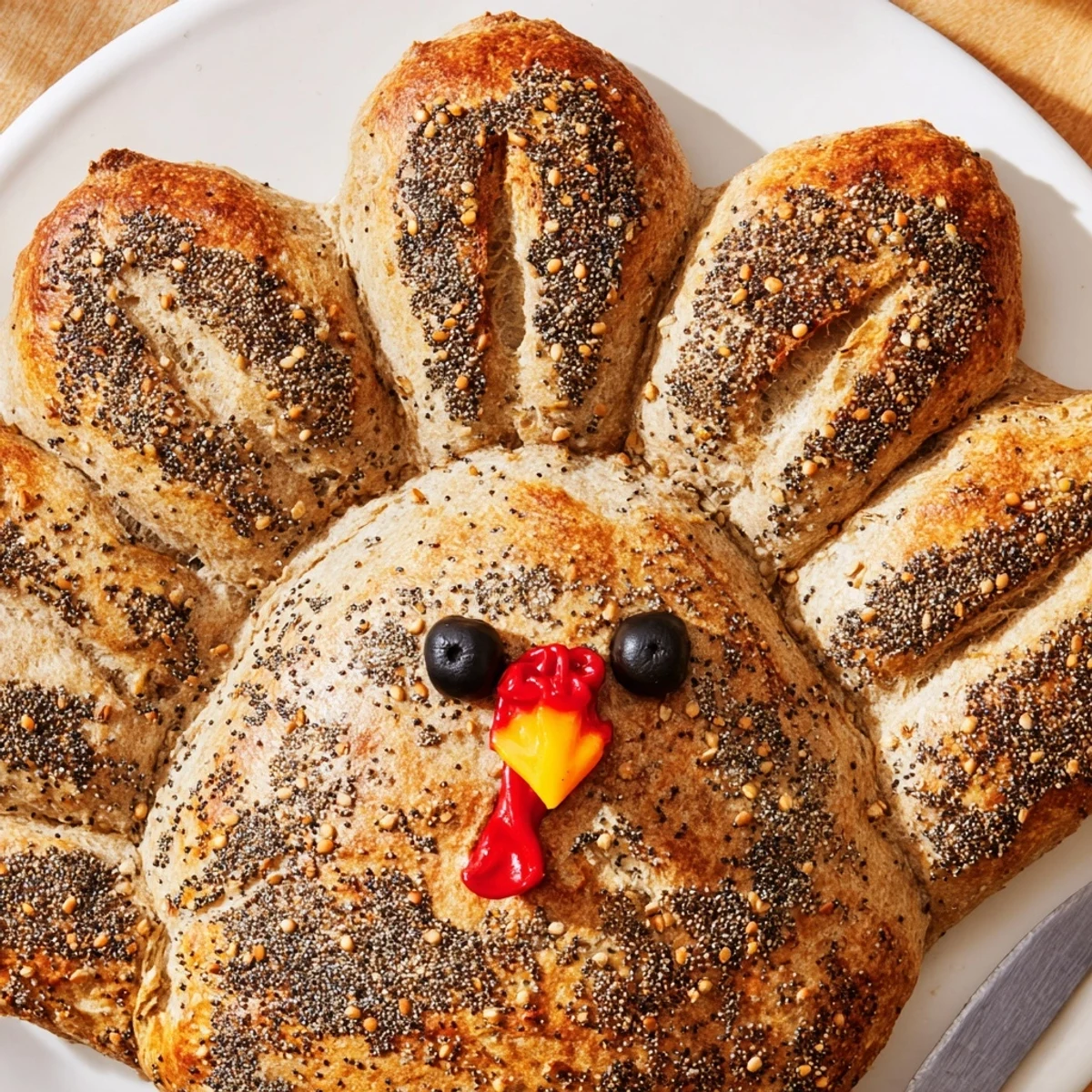 A golden, crusty turkey-shaped sourdough bread loaf with scored feathers, displayed as a festive centerpiece.