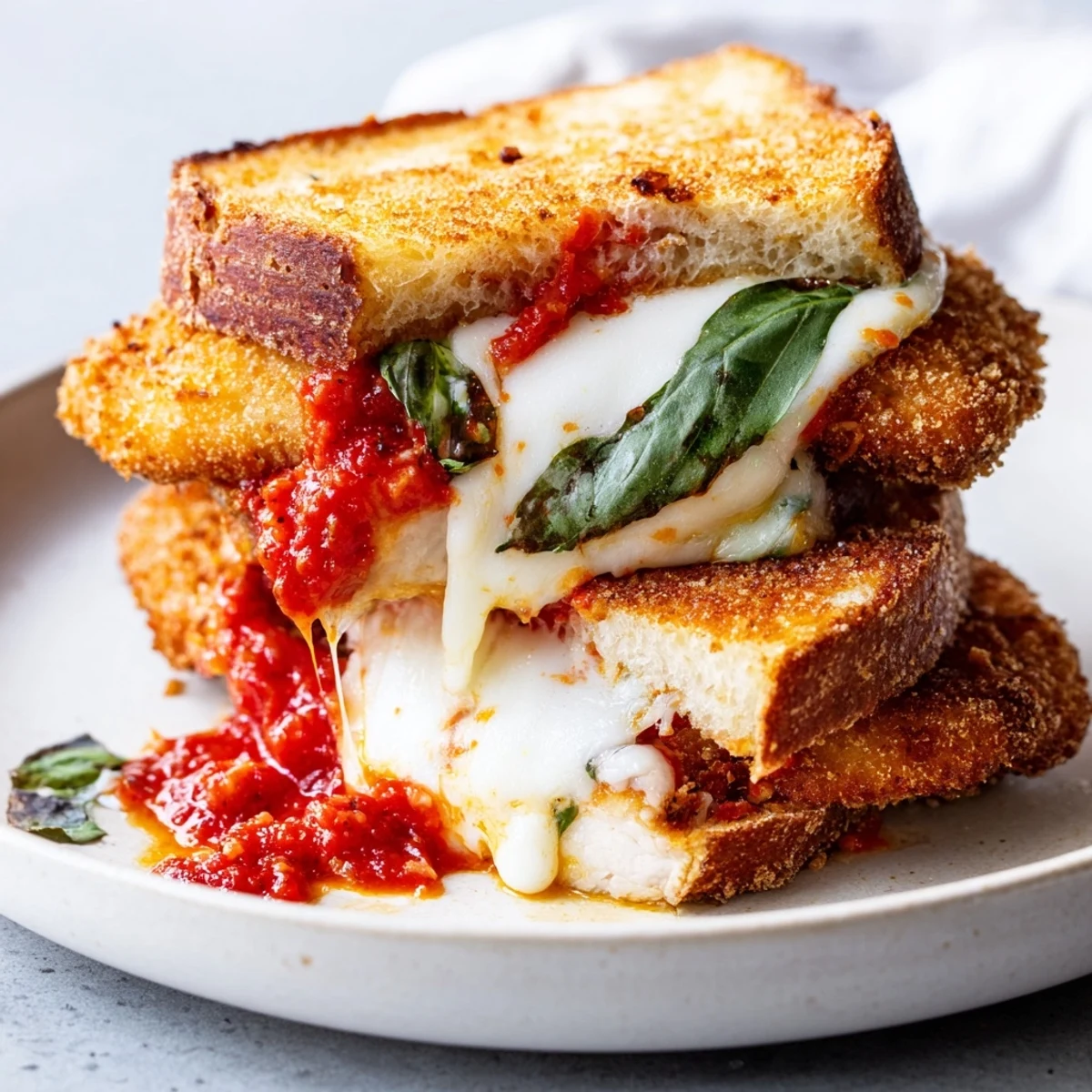Golden, crispy Chicken Parm Grilled Cheese sandwiches stacked high with melted mozzarella and fresh basil on a white plate.  