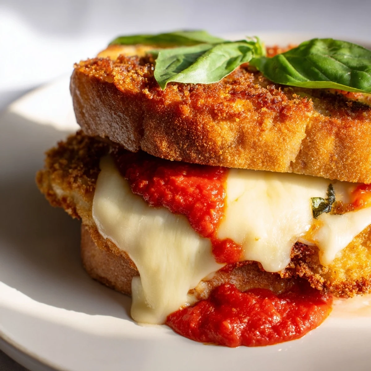 Close-up of a Chicken Parm Grilled Cheese cut in half, revealing juicy chicken and gooey cheese between garlic buttered bread.  