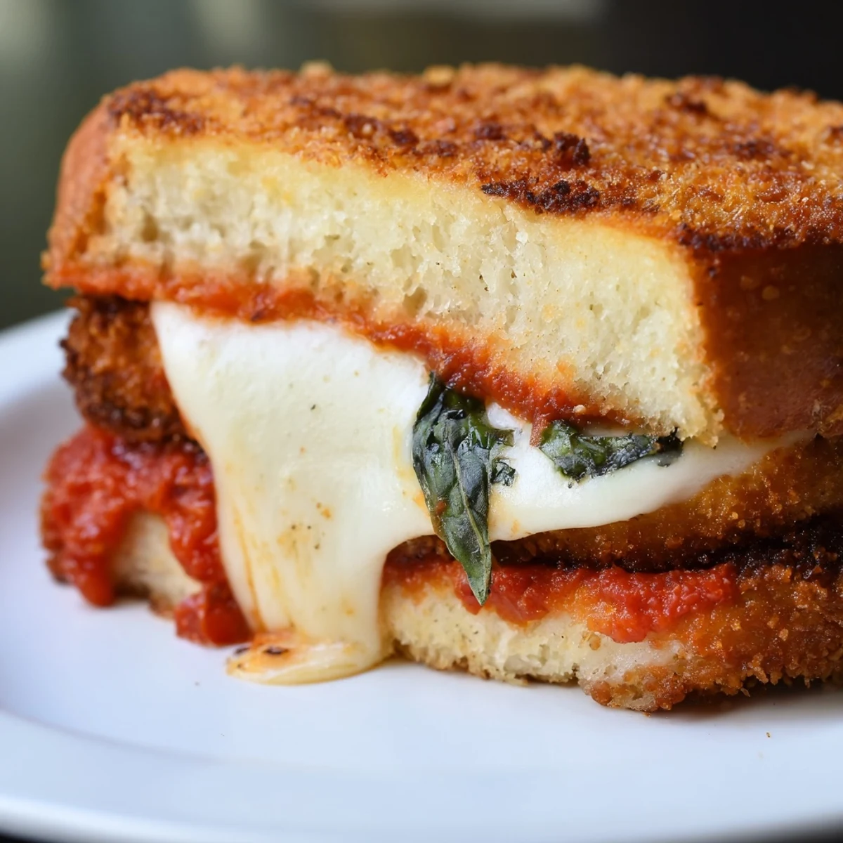 A delicious Chicken Parm Grilled Cheese served with marinara dipping sauce on a rustic wooden table for lunch.