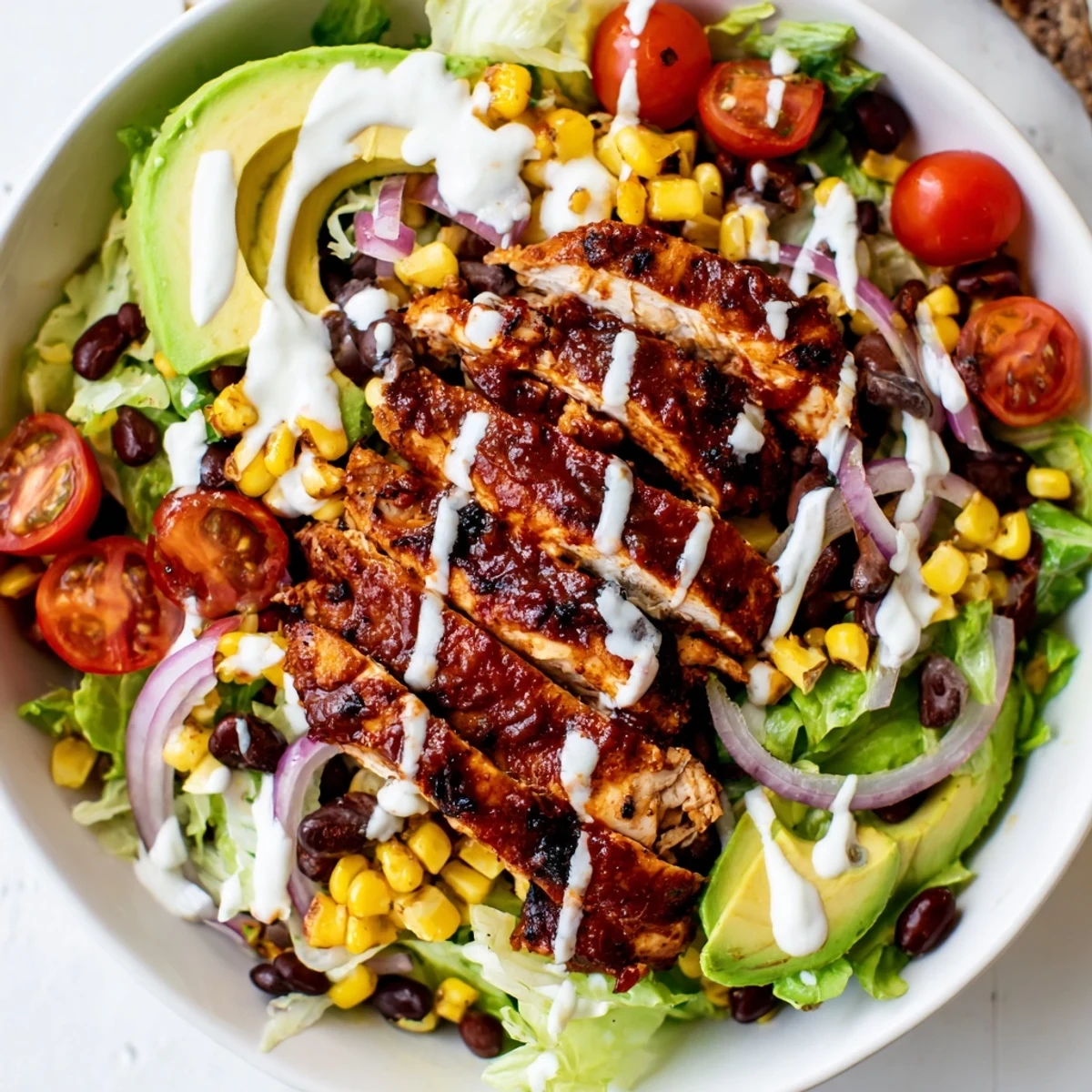 A hearty BBQ Chicken Salad features tender grilled chicken, creamy avocado slices, and a zesty ranch drizzle perfect for summer dinners.  
