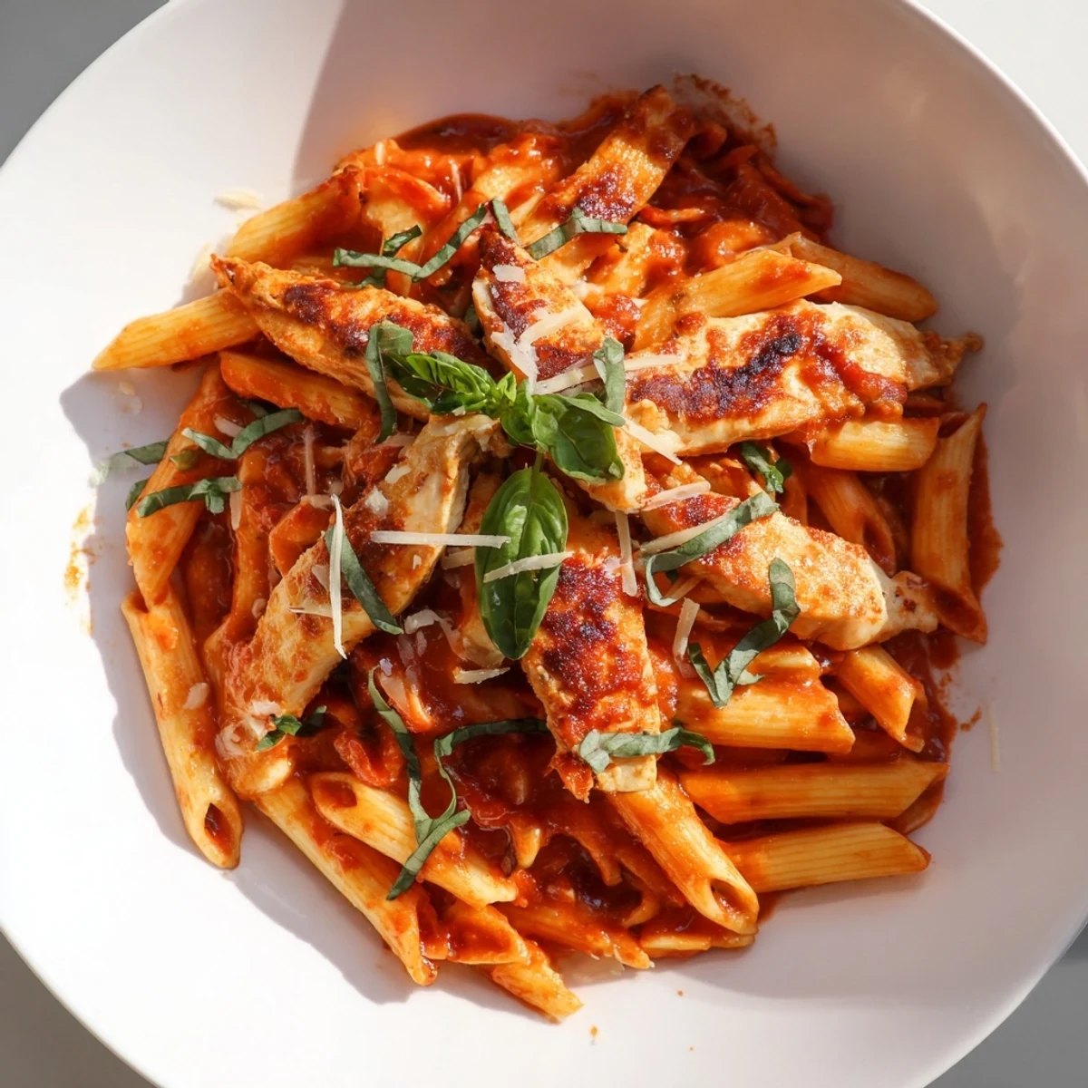 Perfectly seared chicken strips rest atop penne pasta, generously coated in a vibrant, spicy tomato sauce flecked with fresh basil and grated Parmesan.