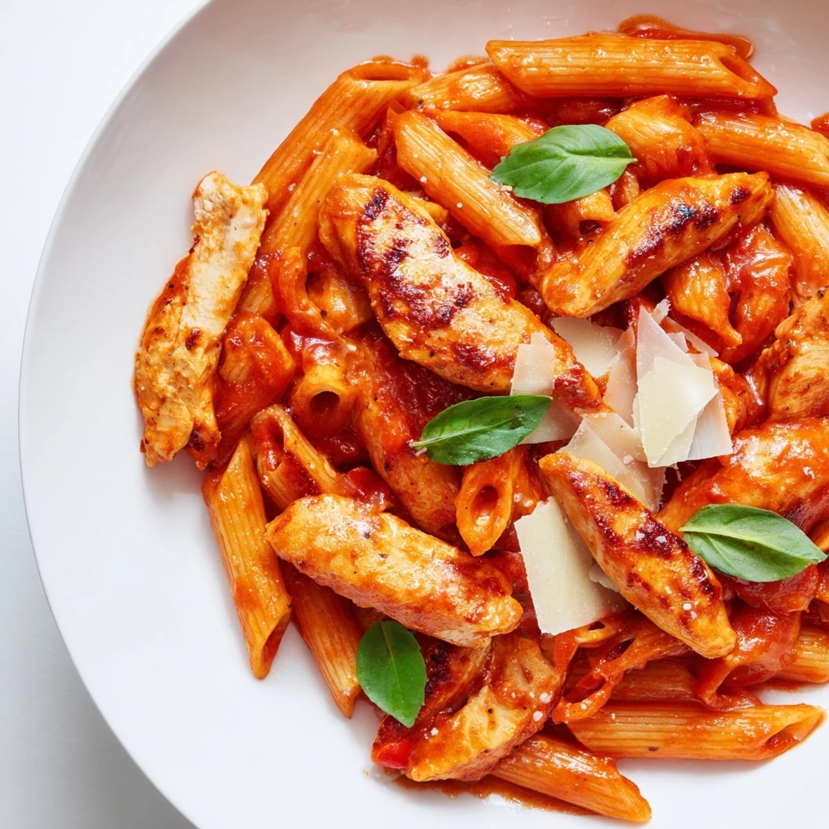 A close-up of Spicy Tomato Chicken Pasta reveals tender penne and juicy chicken, with steam rising from the rich, chili-infused tomato sauce.