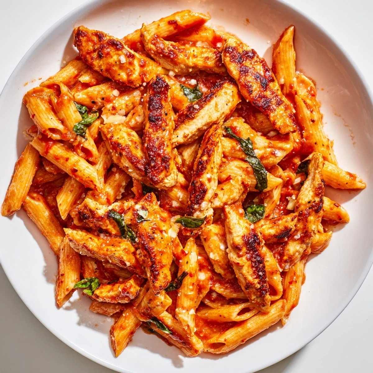 In a rustic white bowl, a serving of Spicy Tomato Chicken Pasta is garnished with fresh basil and a side of grated Parmesan.
