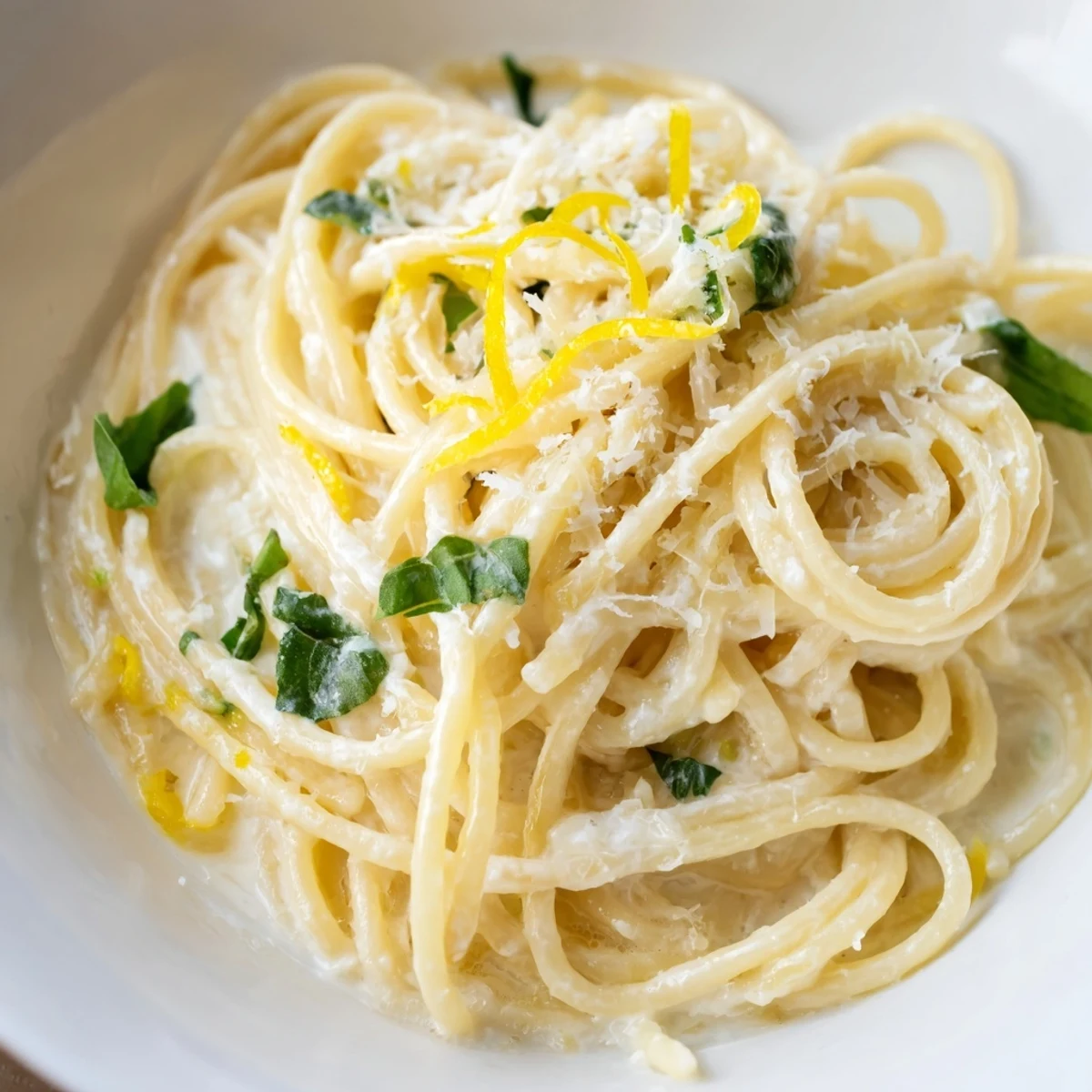 Bright lemon ricotta pasta with fresh basil garnish on a rustic wooden table, perfect for a light vegetarian meal.