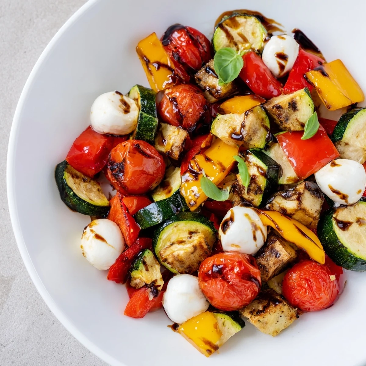 Golden-brown roasted vegetables like zucchini, bell peppers, and red onion are tossed with creamy mozzarella pearls in this vibrant Roasted Veggie Caprese Salad.