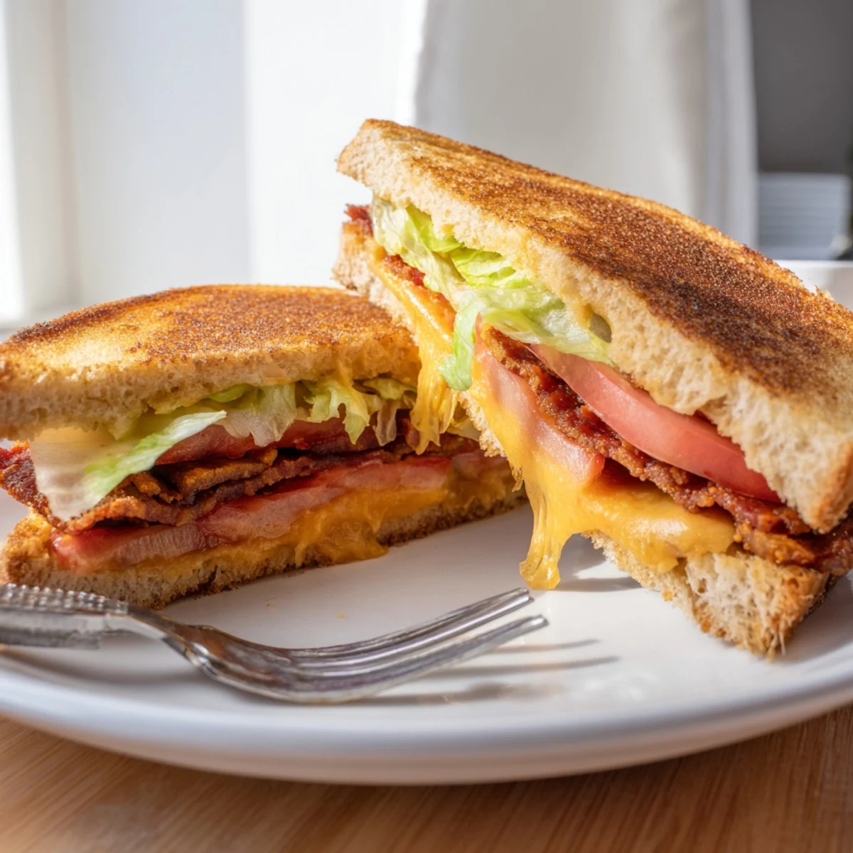 Two halves of a Vegan Bacon BLT Grilled Cheese stacked on a plate, with tomato soup and a crisp salad nearby.