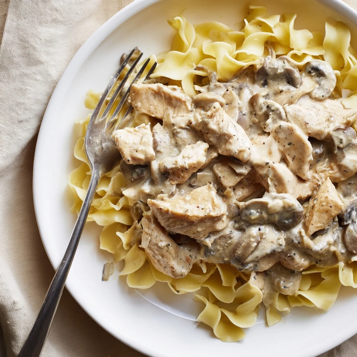 Hearty Chicken and Mushroom Stroganoff with golden-brown mushrooms and chicken in a luscious sauce, garnished with fresh parsley and ready to serve over egg noodles.