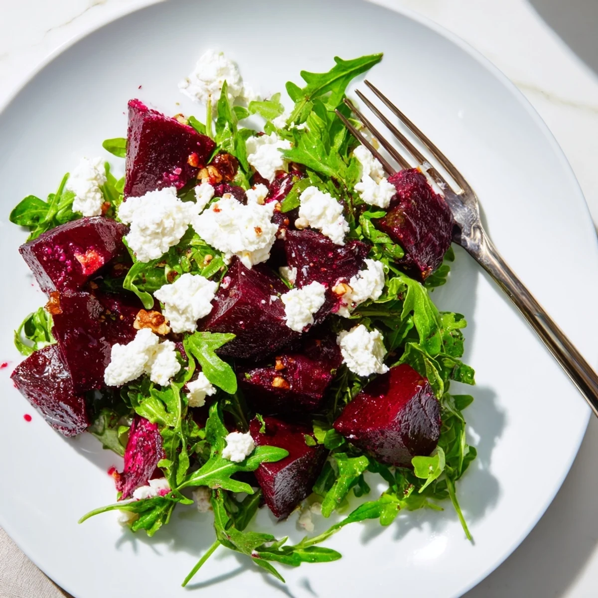 A plated Roasted Beet Goat Cheese Salad with jewel-toned beets, creamy crumbled cheese, and toasted walnuts on fresh arugula.  