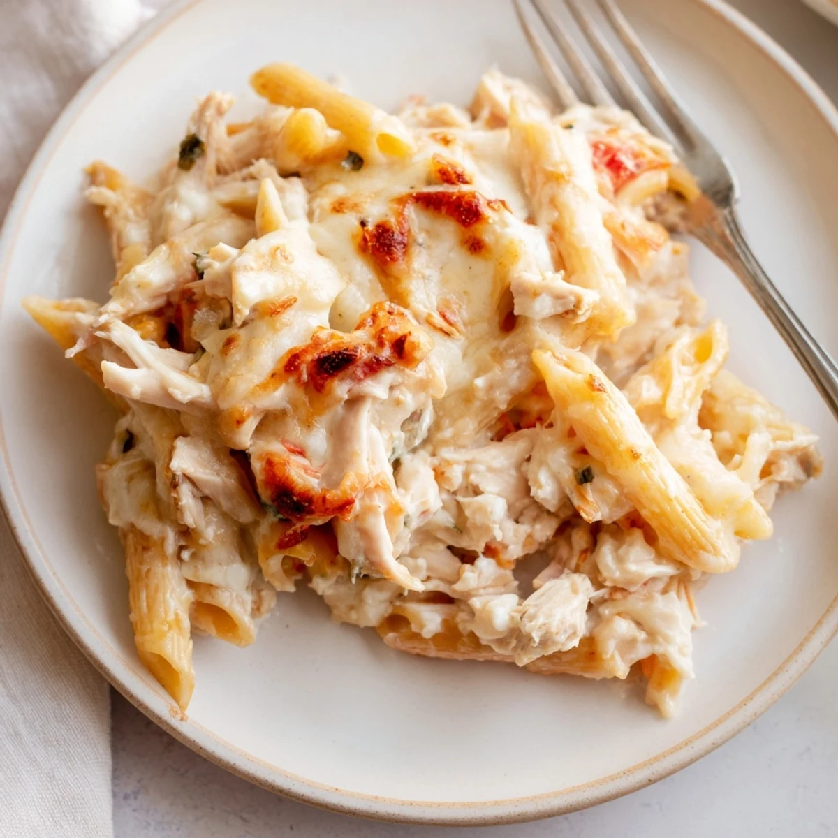 Golden-brown Chicken Ranch Pasta Bake with melted mozzarella and fresh chives, served from a 9x13 inch casserole dish.