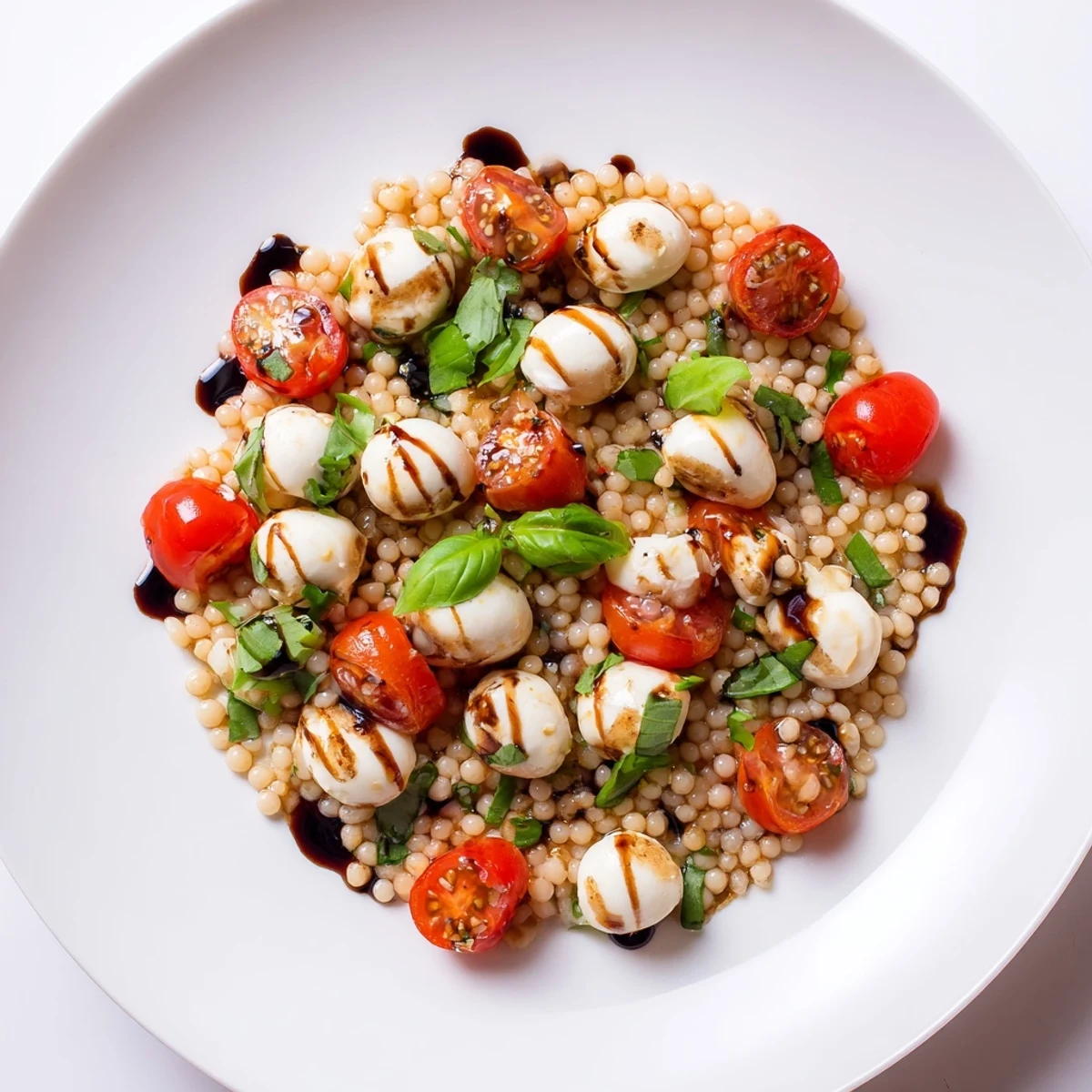 Serve this refreshing Caprese Couscous Salad chilled, garnished with extra basil and a drizzle of sweet balsamic glaze.