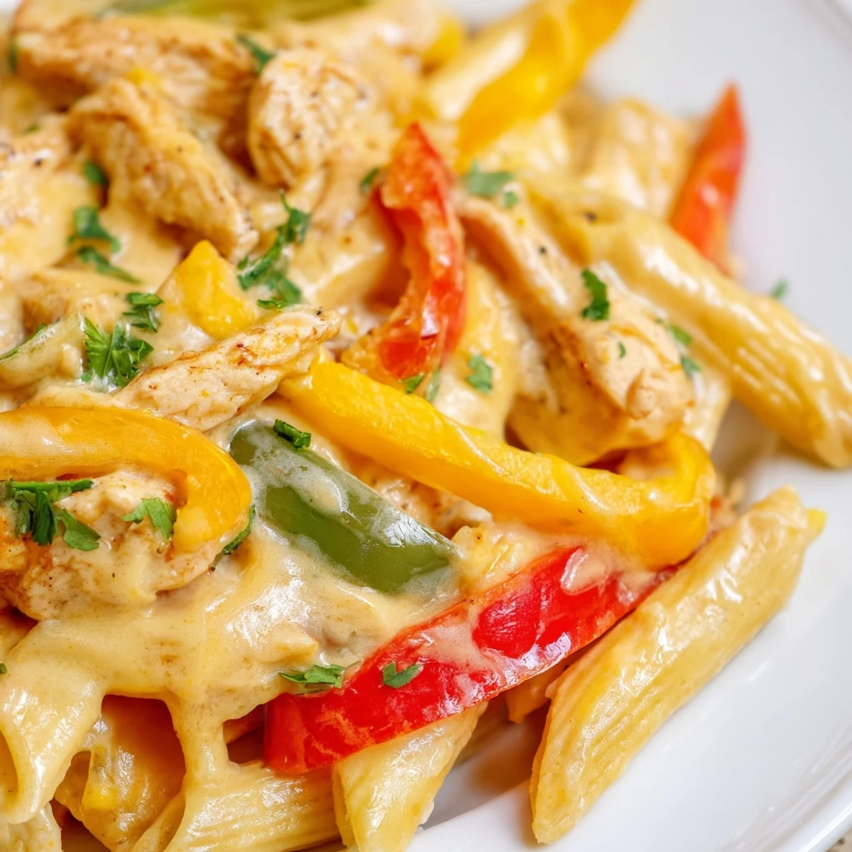 Steaming skillet of Fajita Chicken Pasta with colorful bell peppers and onions in a creamy cheese sauce.