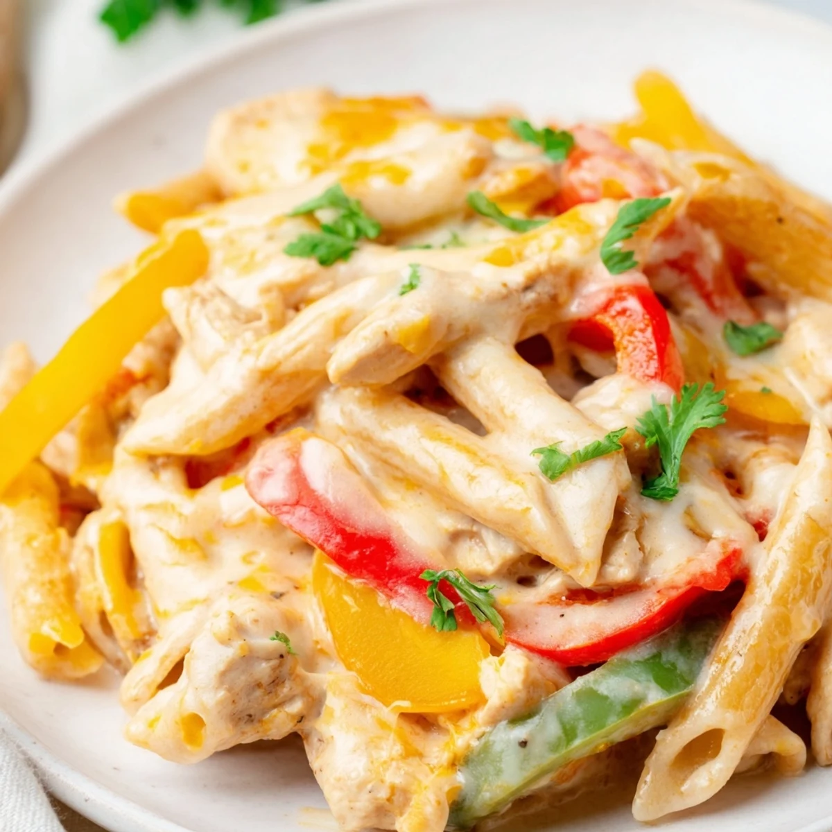 A plate of Fajita Chicken Pasta Skillet garnished with fresh cilantro and lime wedges.