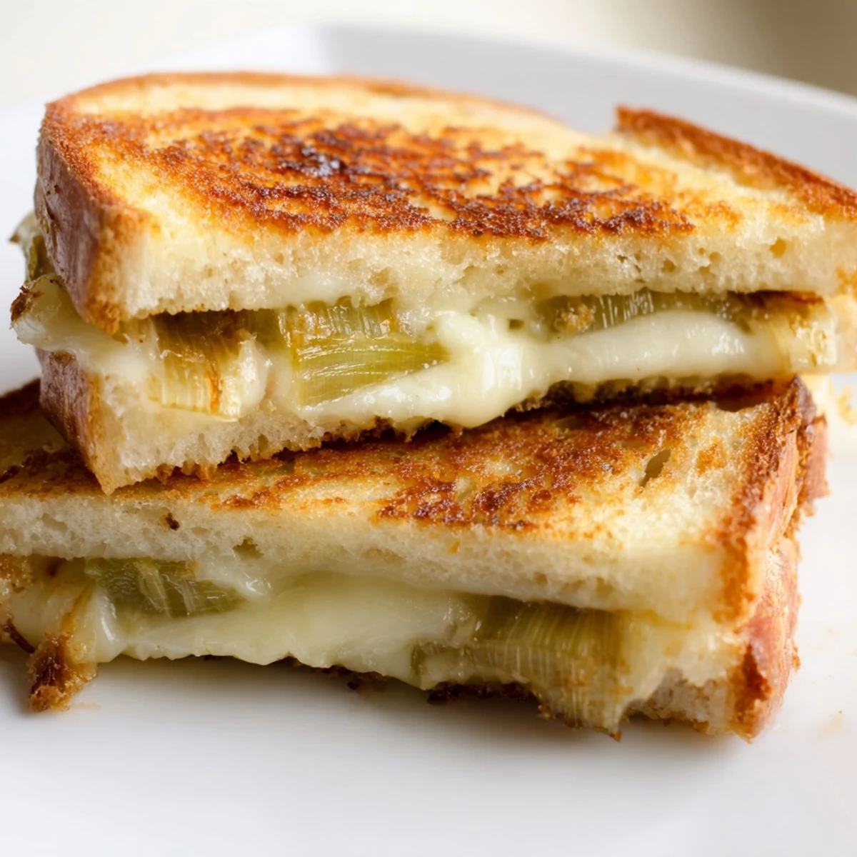 Golden-brown Havarti & Caramelized Leek Grilled Cheese slices, oozing melted cheese, served on a rustic wooden board.