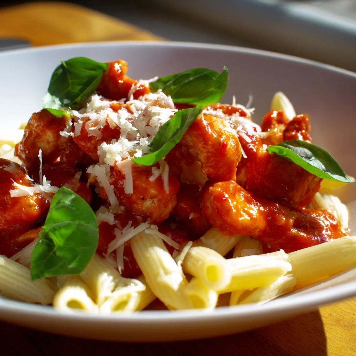 Bright cherry tomatoes and fresh basil mingle with tender chicken pieces in this hearty Tomato Basil Chicken Pasta, served steaming in a white bowl.