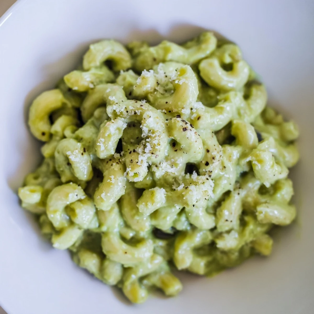 A close-up of Creamy Avocado Pesto Mac showing velvety green sauce clinging to tender short pasta.