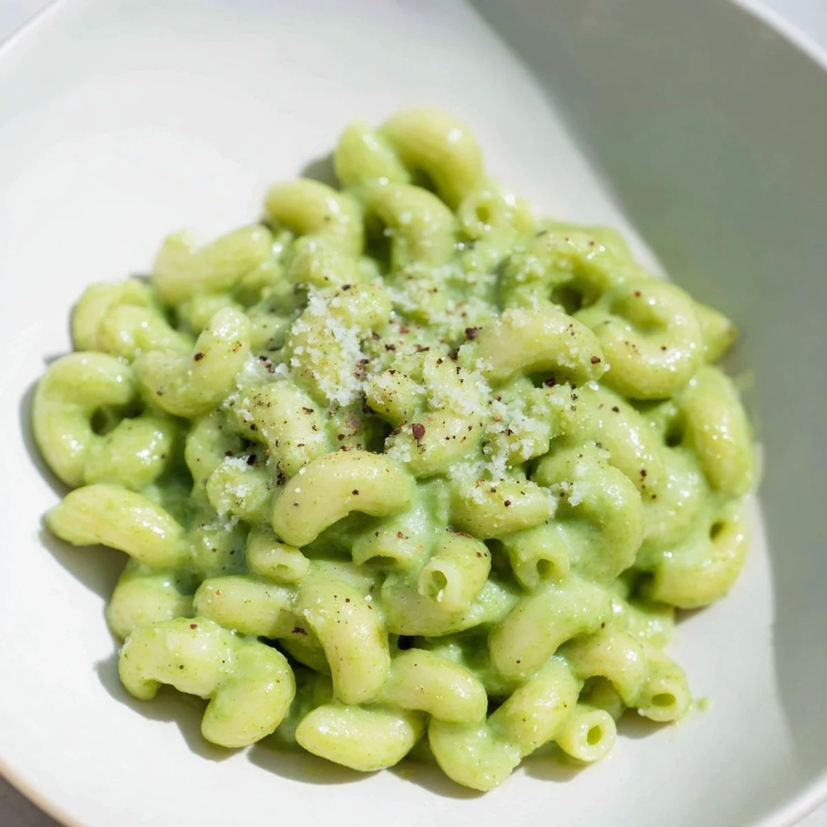 Colorful bowl of Creamy Avocado Pesto Mac topped with black pepper, perfect for a quick vegetarian dinner.
