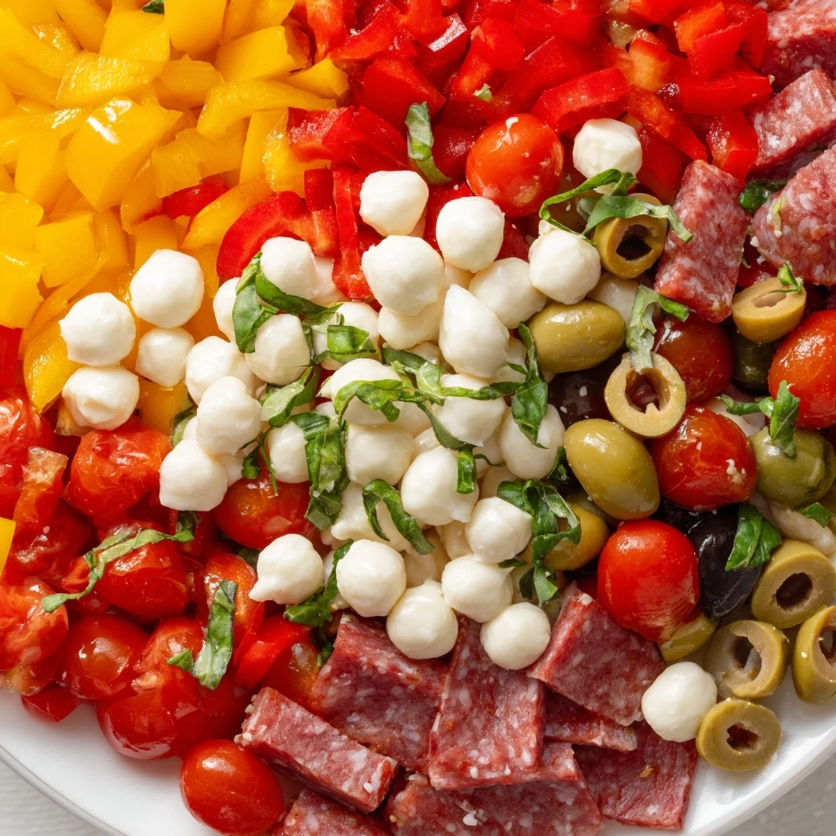 A vibrant Crunchy Antipasto Chopped Salad loaded with chickpeas, salami, and mozzarella pearls, tossed in a zesty Italian dressing.