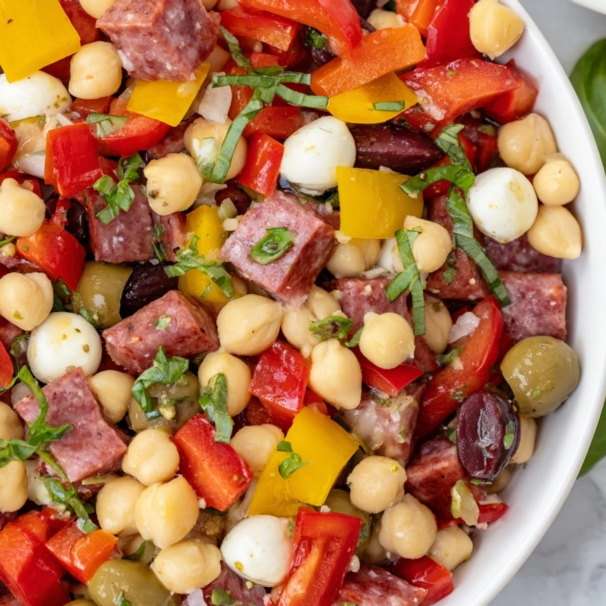 An easy homemade Crunchy Antipasto Chopped Salad garnished with fresh basil and parsley, perfect for a gluten-free appetizer or light main.