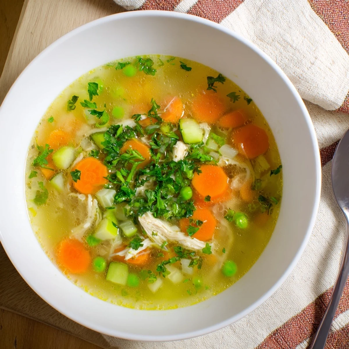 A bowl of Spring Garden Chicken Soup brimming with tender shredded chicken, carrots, zucchini, and fresh green peas in a fragrant herb broth.