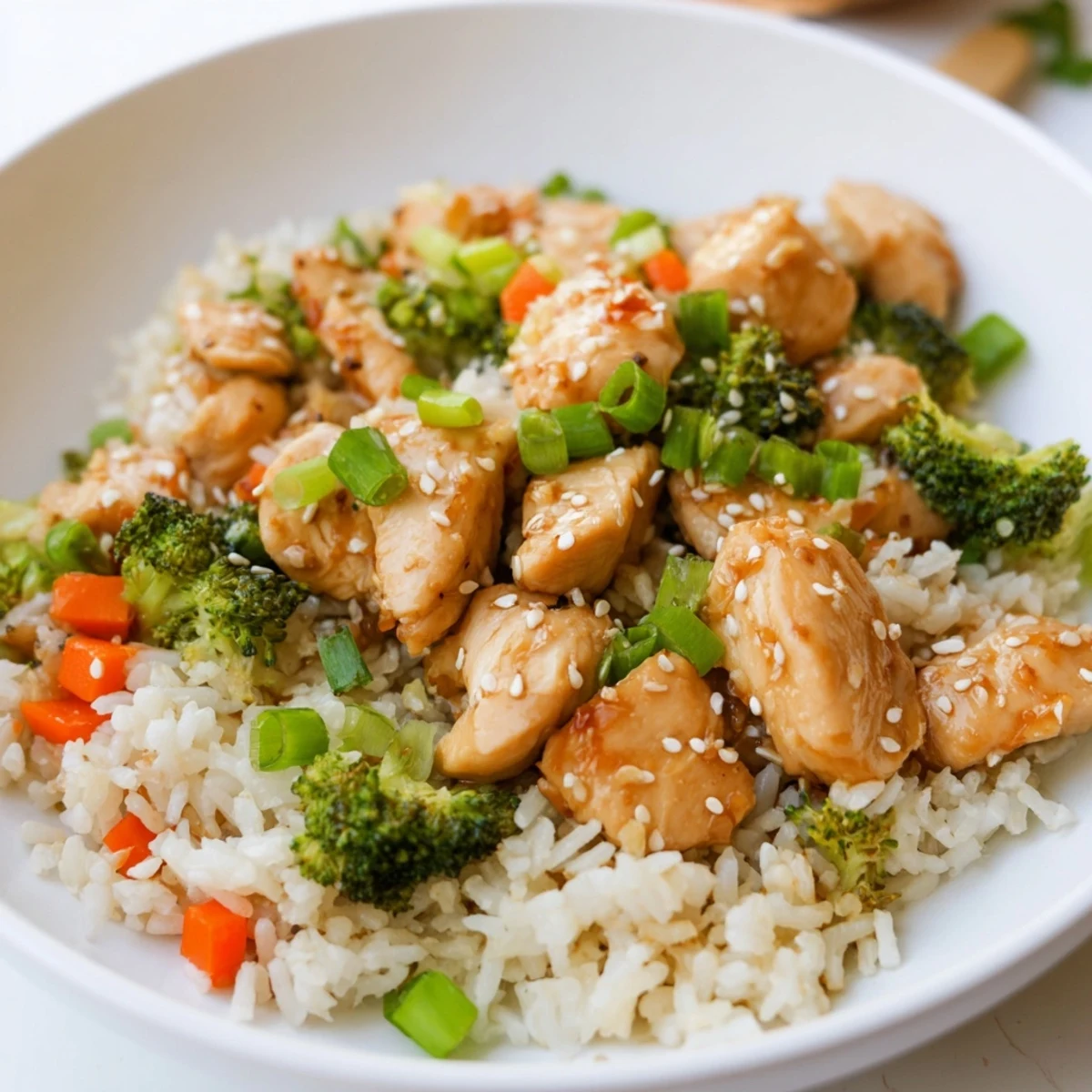 Tender chicken and fluffy rice simmer in a honey garlic sauce, with crisp broccoli florets peeking through on a white plate.