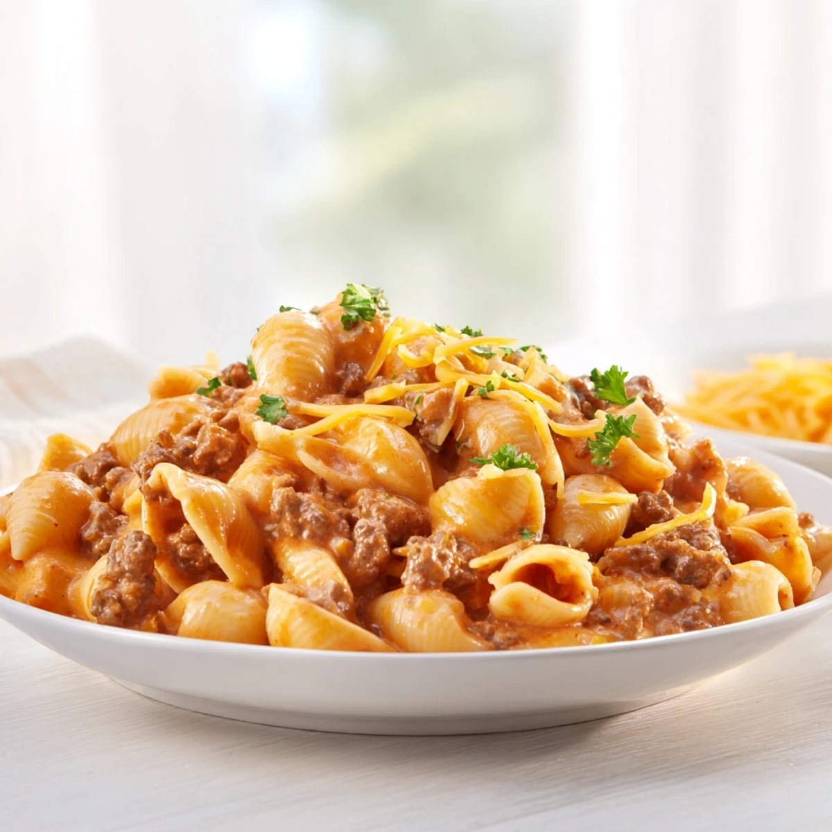 A steaming bowl of One Pot Creamy Beef and Shells with melted cheddar and a parsley garnish.