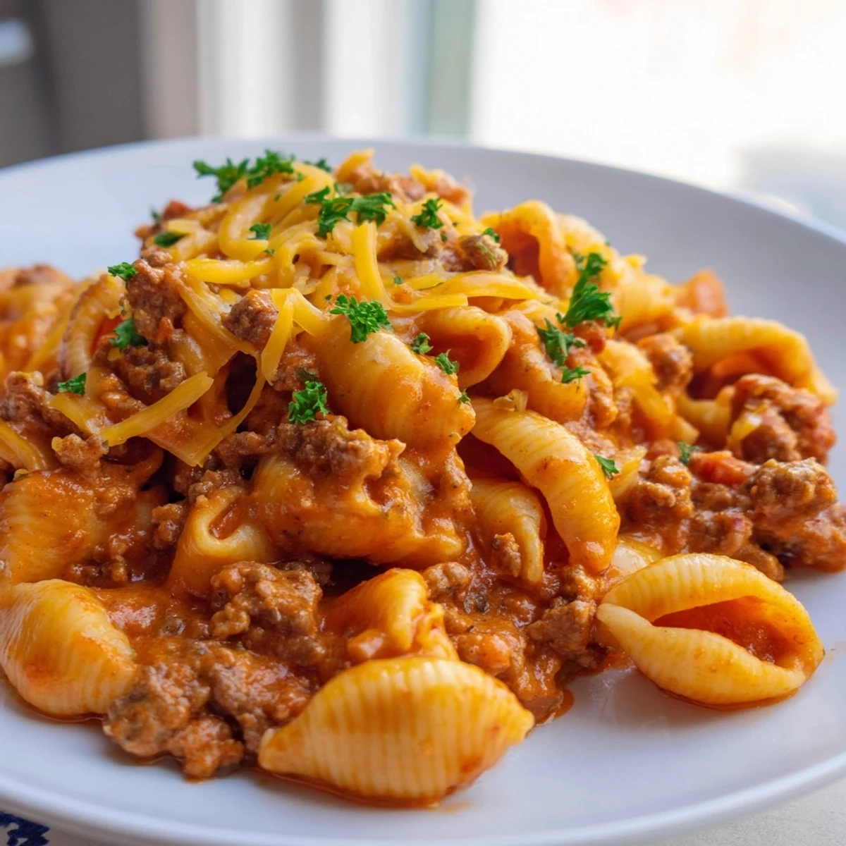 One Pot Creamy Beef and Shells served in a rustic bowl, revealing the rich tomato cream sauce and beef.