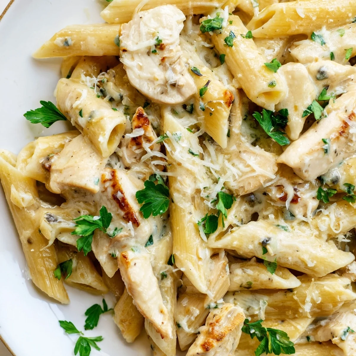 Roasted Garlic Chicken Penne features tender pasta and juicy chicken in a silky, oven-roasted garlic cream sauce.  