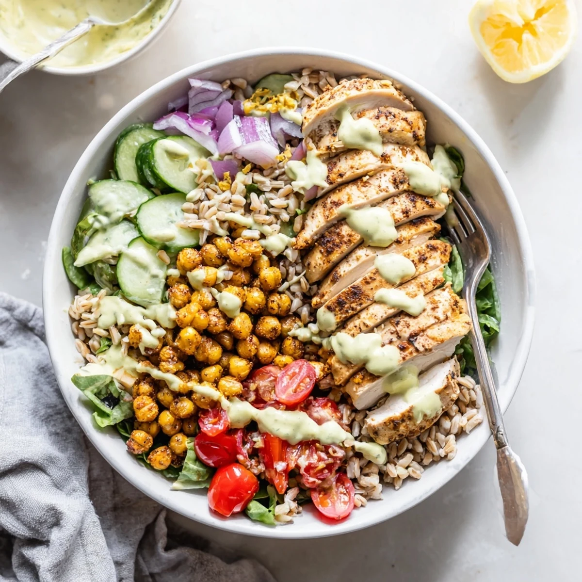 Freshly whisked lemon tahini sauce drizzled over the Mediterranean-inspired power bowl, ready for a healthy, satisfying dinner.