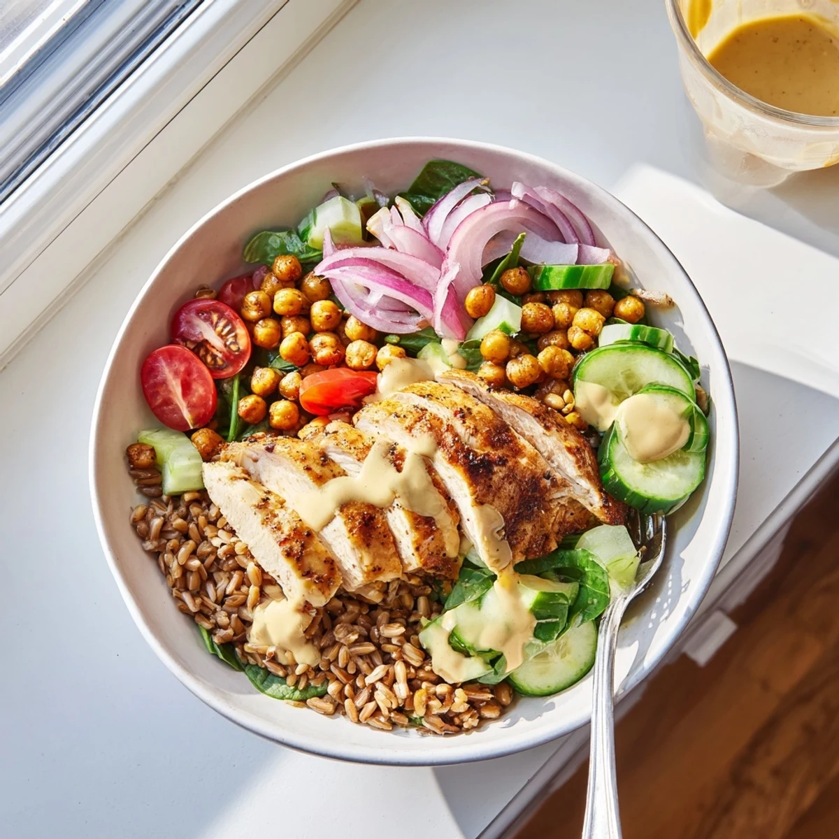 Vibrant Lemon Tahini Chicken Power Bowl featuring juicy sliced chicken, crispy roasted chickpeas, and fresh veggies on a bed of farro.